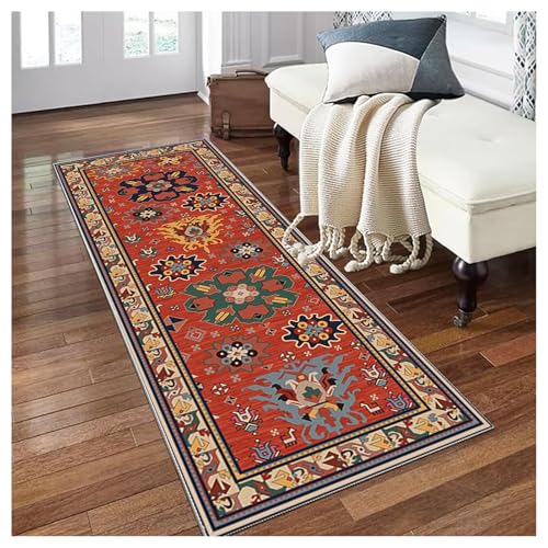 Siunwdiy Teppichläufer Flur Rot Retro 110x320cm Lang rutschfest Waschbar Küchenteppich Polyester Kurzflor Meterware Anpassbar Läufer Teppich für Eingangsbereich Wohnzimmer Schlafzimmer Ethno Design von Siunwdiy