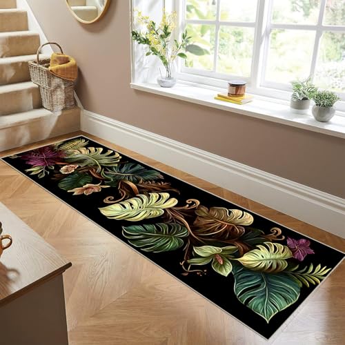 Siunwdiy Tropisches Blatt Muster Schwarz Grün Flurteppich Läufer Lang 80 x 150 cm rutschfest Waschbar Küchenteppich Korridor Teppichläufer für Küche Diele Flur Vorzimmer Büro von Siunwdiy