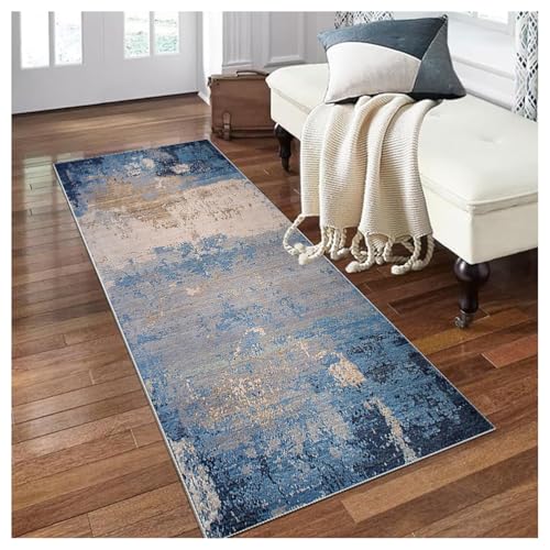 Teppich Läufer Flur rutschfest Abstract Blau Waschbar Lang Küchenteppich Meterware Korridor Teppichläufer 60x380cm für Schlafzimmer Wohnzimmer Flurteppich Küchenläufer Fußmatte Polyester Anpassbar von Siunwdiy