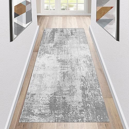 Teppich Läufer Flur Rutschfest Waschbar - Abstraktes Modernes Grau 140x460cm - Lang Eingangsteppich Balkon Wohnzimmer Lange Fußmatte und Außen, Küchenteppich Schmutzfangmatte von Siunwdiy