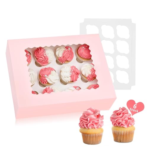 12 Löcher Cupcake Transportbox, Muffin Transportbox, Cupcake Box mit Transparentem Sichtfenster, Bäckerei-Boxen für Cupcake-Träger, Cupcake-Behälter (Neue 6 Stück-Rosa) von Sivaopa