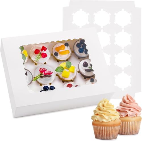 Sivaopa 12 Löcher Cupcake Boxen, Weiße muffin transportbox, Cupcake Transportbox mit transparentem Sichtfenster, Bäckerei-Boxen für Cupcake-Träger, Cupcake-Behälter(12 Stück) von Sivaopa