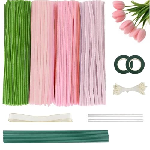 Pfeifenreiniger zum Basteln Set, 400 Stück in 4 Farben Pfeifenputzer zum basteln, Rosa Tulip Bouquet Pfeifenreiniger blumen, Basteln Erwachsene Mit Klebebandrollen, Anleitungen, etc- Geschenkbox von Sivaopa