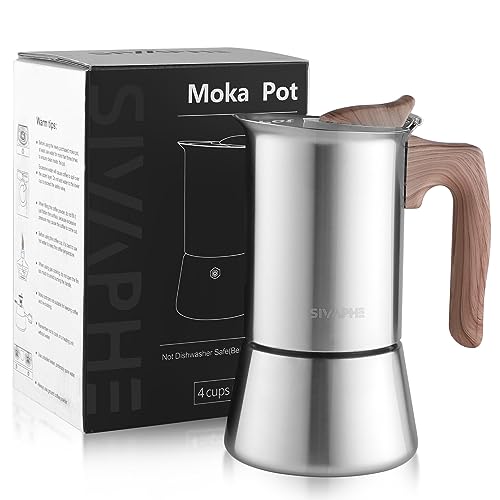 Sivaphe Espressokocher Induktion, Herd Espressomaschine, Edelstahl Espressokanne Mokkakanne Espresso Maker, Aluminiumfrei (4 Tassen 200ML) von Sivaphe