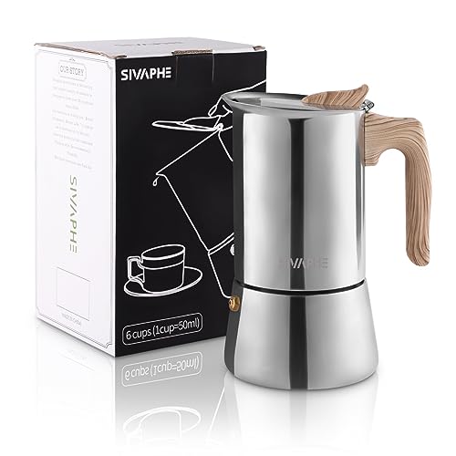 Sivaphe Espressokocher Induktion, Herd Espressomaschine, Edelstahl Espressokanne Mokkakanne Espresso Maker, Aluminiumfrei 6 Tassen 300ML von Sivaphe