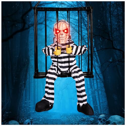 Halloween Gruseliger Schädelkäfig Gefangener Spukhaus Dekor, Schreiende animierte hängende Dekorationen, gruselige leuchtende Augen und Bewegungssensor, gruseliger Käfig Geist Gefangener für drinnen von Sivlnian