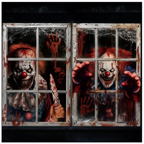 Sivlnian Halloween-Fensterdekoration, Geistervorhänge, Blutfenster-Silhouette, Halloween-Horror-Themen-Poster für Innen- und Außenbereich, Wandtür-Dekoration (Clowns), 2 Stück von Sivlnian