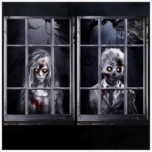Sivlnian Halloween-Fensterdekoration, Geistervorhänge, Blutfenster-Silhouette, Halloween-Horror-Themen-Poster für Innen- und Außenbereich, Wandtür-Dekoration (Zombie), 2 Stück von Sivlnian