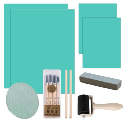 13 Stück Linoldruck Set 2 x A4 und 2 x A6 Grüner Linoldruck Linolschnitt Set Stempelgummi 3mm Dick Mit Schnitzmesser Walze Reibend Wetzstein Bleistift für Topografie Gravur Kunstdrucke Druck von Siyrdxcbt