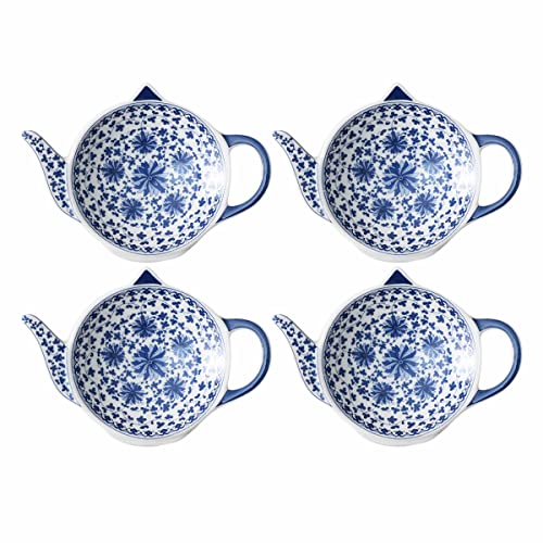 Sizikato 4 x blaue und weiße Porzellan-Teebeutelhalter, Teebeutel-Untersetzer, Teekannenform, Löffelablagen, Snackschale, Gewürzschale. von Sizikato