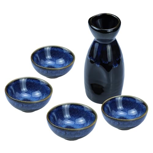 Sizikato 5-teiliges Keramik-Sake-Set, bestehend aus 1 Sake-Flasche und 4 Sake-Bechern. von Sizikato