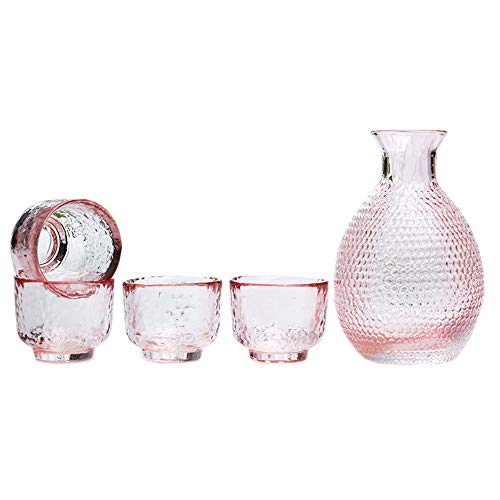 Sizikato 5-teiliges Sake-Set aus pinkfarbenem Glas, bestehend aus 1 Sake-Flasche und 4 Sake-Bechern. von Sizikato