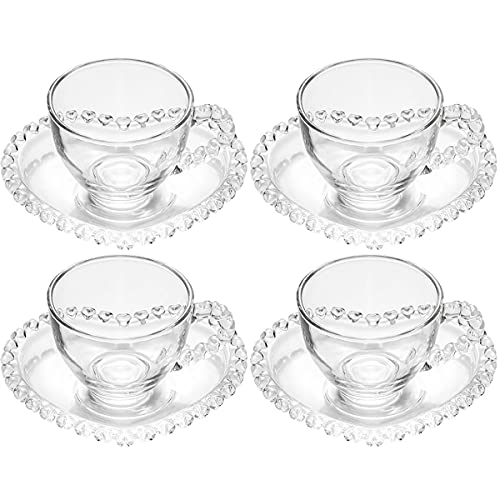 Sizikato Set mit 4 transparenten Tassen und Untertassen aus Glas, 85 ml, Espressotasse mit herzförmiger Untertasse von Sizikato