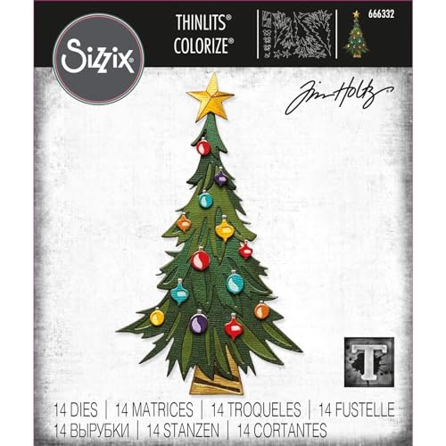 Sizzix Thinlits Set 14er-Pack Trim a Tree Colorize von Tim Holtz | 666332 | Hauchdünne Stanzformen aus Metall für Scrapbooking, Prägen, Journaling, Papier Kunststoff, Baum, One Size von Sizzix