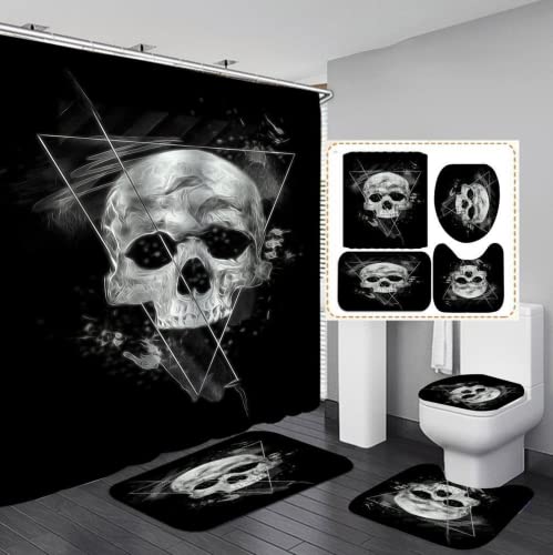 Sjj-RE Skull Totenkopf Duschvorhang Skelett wasserdichter Stoff, Badezimmer-Dekor-Set mit Haken,4pcs Toilettendeckelabdeckung Badematte (A02,150 x 180 cm) von Sjj-RE