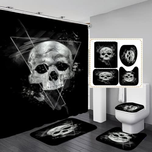 Sjj-RE Skull Totenkopf Duschvorhang Skelett wasserdichter Stoff, Badezimmer-Dekor-Set mit Haken,4pcs Toilettendeckelabdeckung Badematte (A02,180 x 180 cm) von Sjj-RE