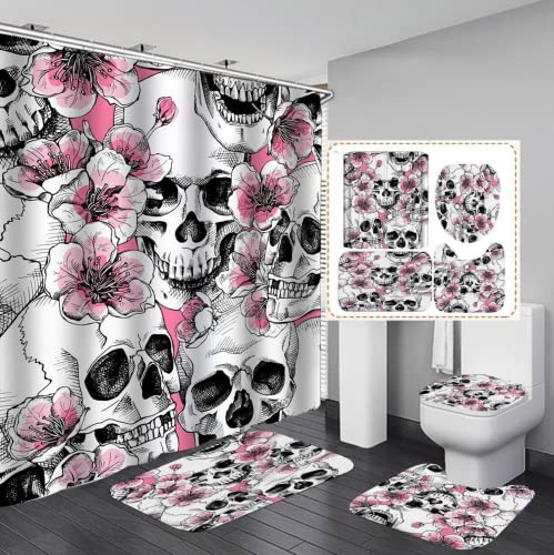 Sjj-RE Skull Totenkopf Duschvorhang Skelett wasserdichter Stoff, Badezimmer-Dekor-Set mit Haken,4pcs Toilettendeckelabdeckung Badematte (A06,180 x 180 cm) von Sjj-RE