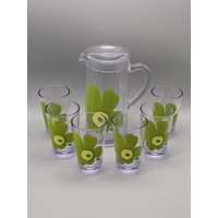 Marimekko Saftkanne Und 6 Becher Von Grüne Blume Aus Plastik, Design Maija Isola von SkadivonWinterfeld