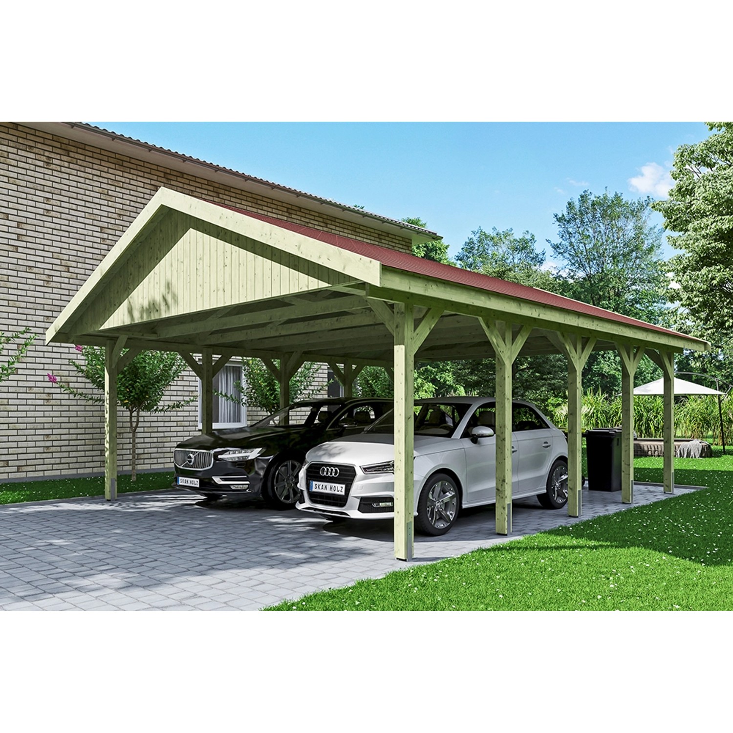 Satteldach-Carport Wallgau 620 x 750 cm rote Schindeln von Skan Holz