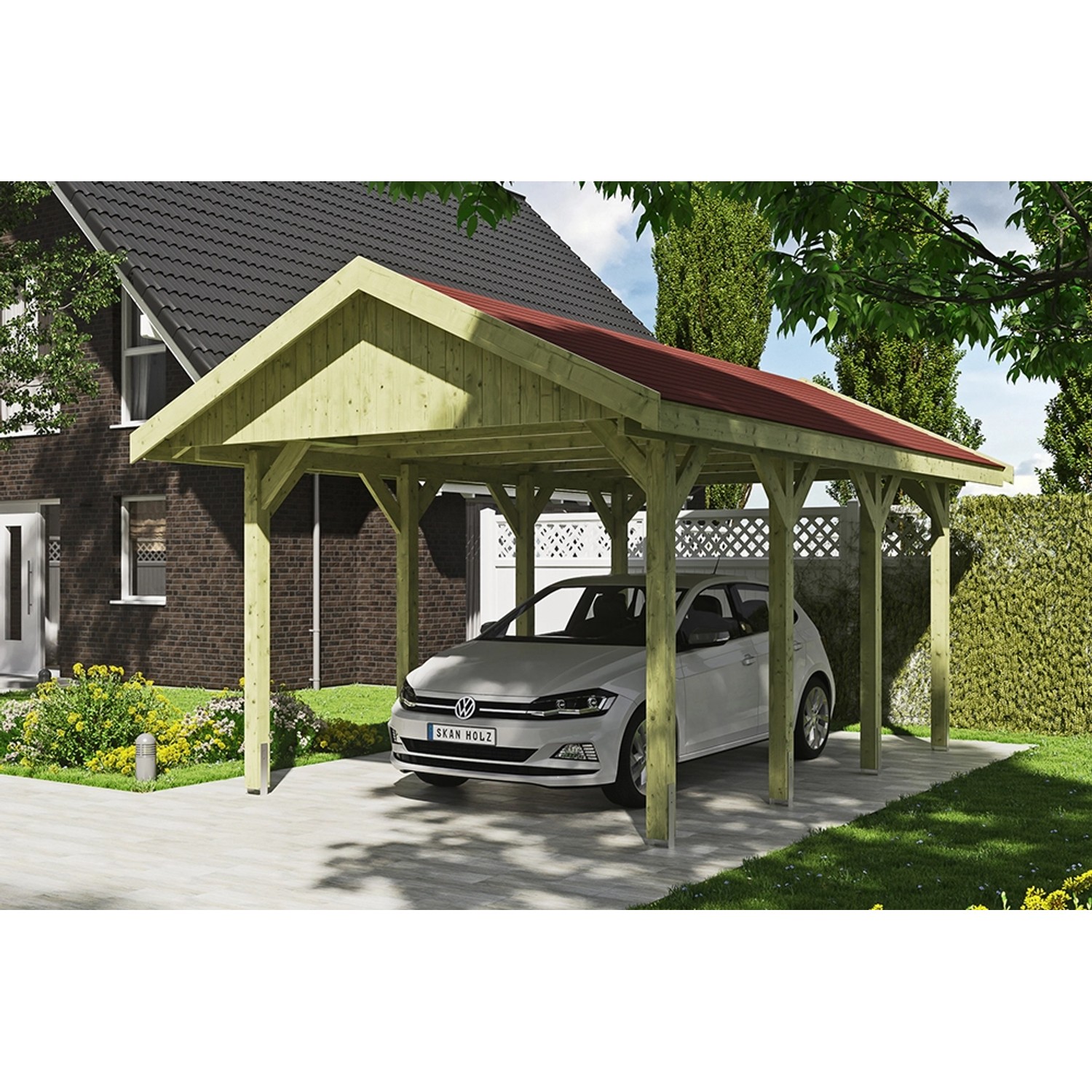 Satteldach-Carport Wallgau Grün 380 x 600 cm rote Schindeln Satteldach-Carport Wallgau Grün 380 x 600 cm rote Schindeln von Skan Holz