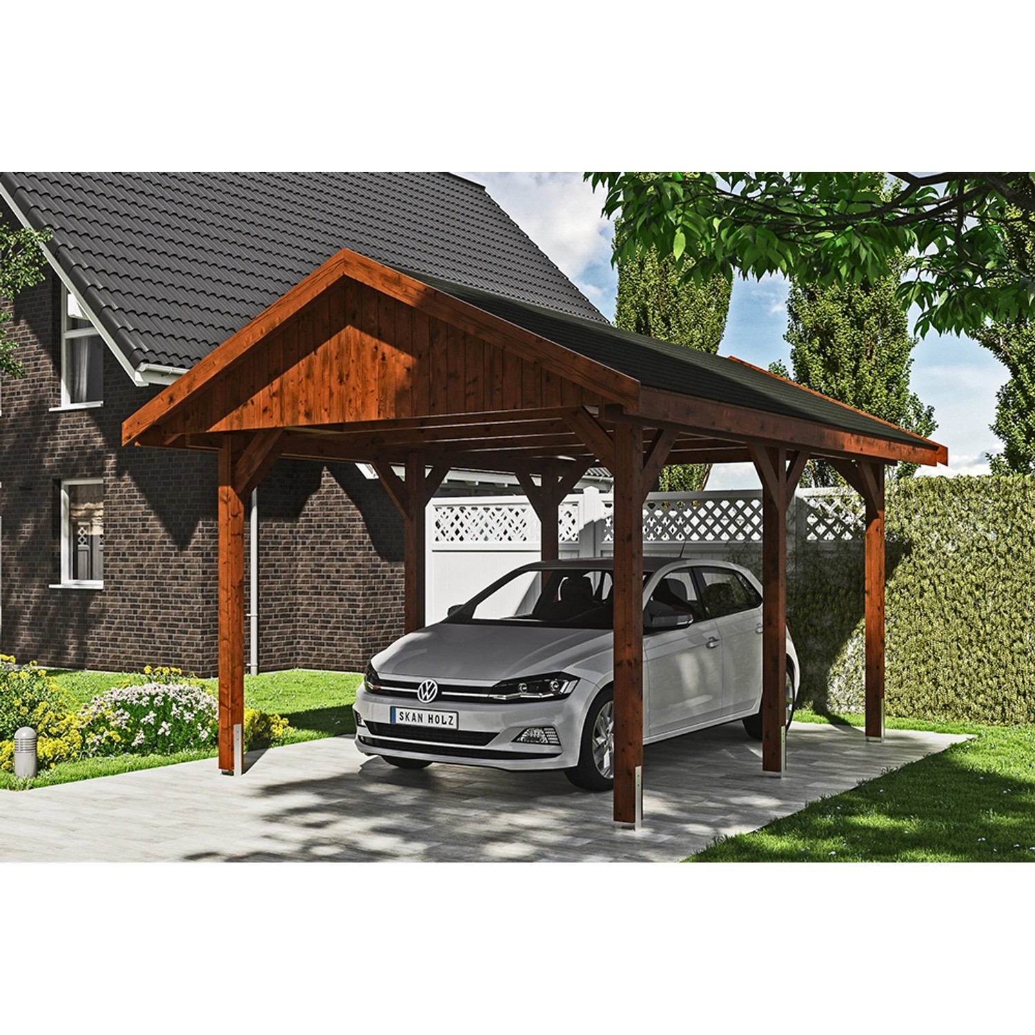 Satteldach-Carport Wallgau Nussbaum 380 x 500 cm schwarze Schindeln Satteldach-Carport Wallgau Nussbaum 380 x 500 cm schwarze Schindeln von Skan Holz
