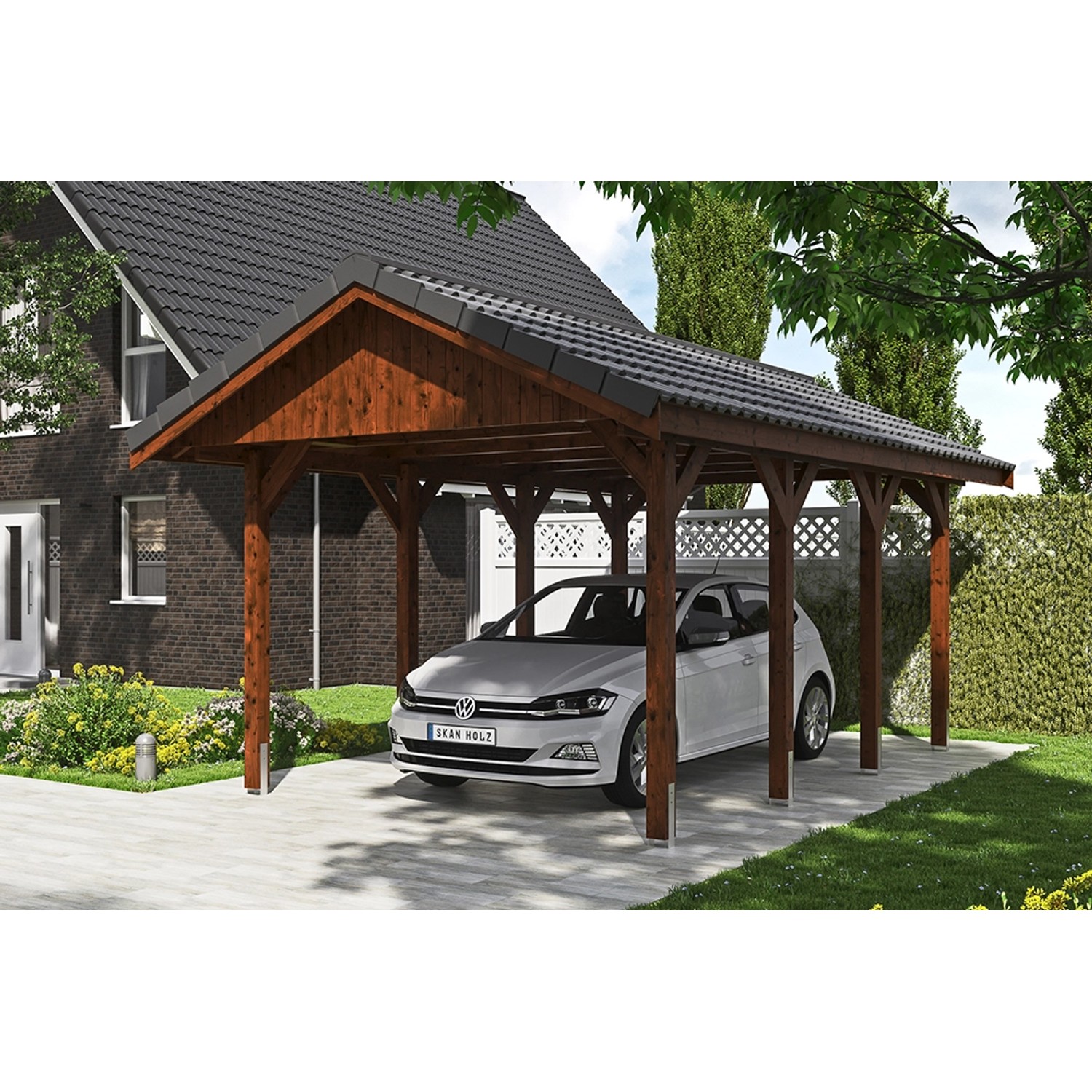 Satteldach-Carport Wallgau Nussbaum 380 x 600 cm Dachlattung von Skan Holz
