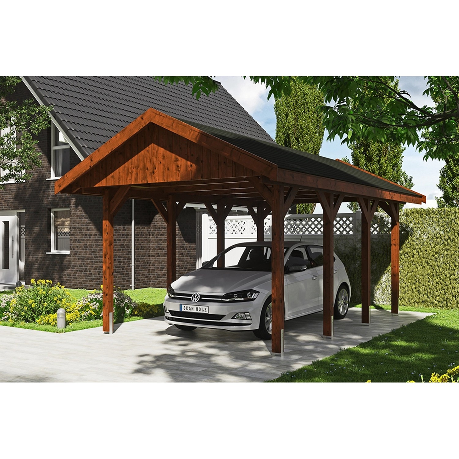 Satteldach-Carport Wallgau Nussbaum 380 x 600 cm schwarze Schindeln Satteldach-Carport Wallgau Nussbaum 380 x 600 cm schwarze Schindeln von Skan Holz