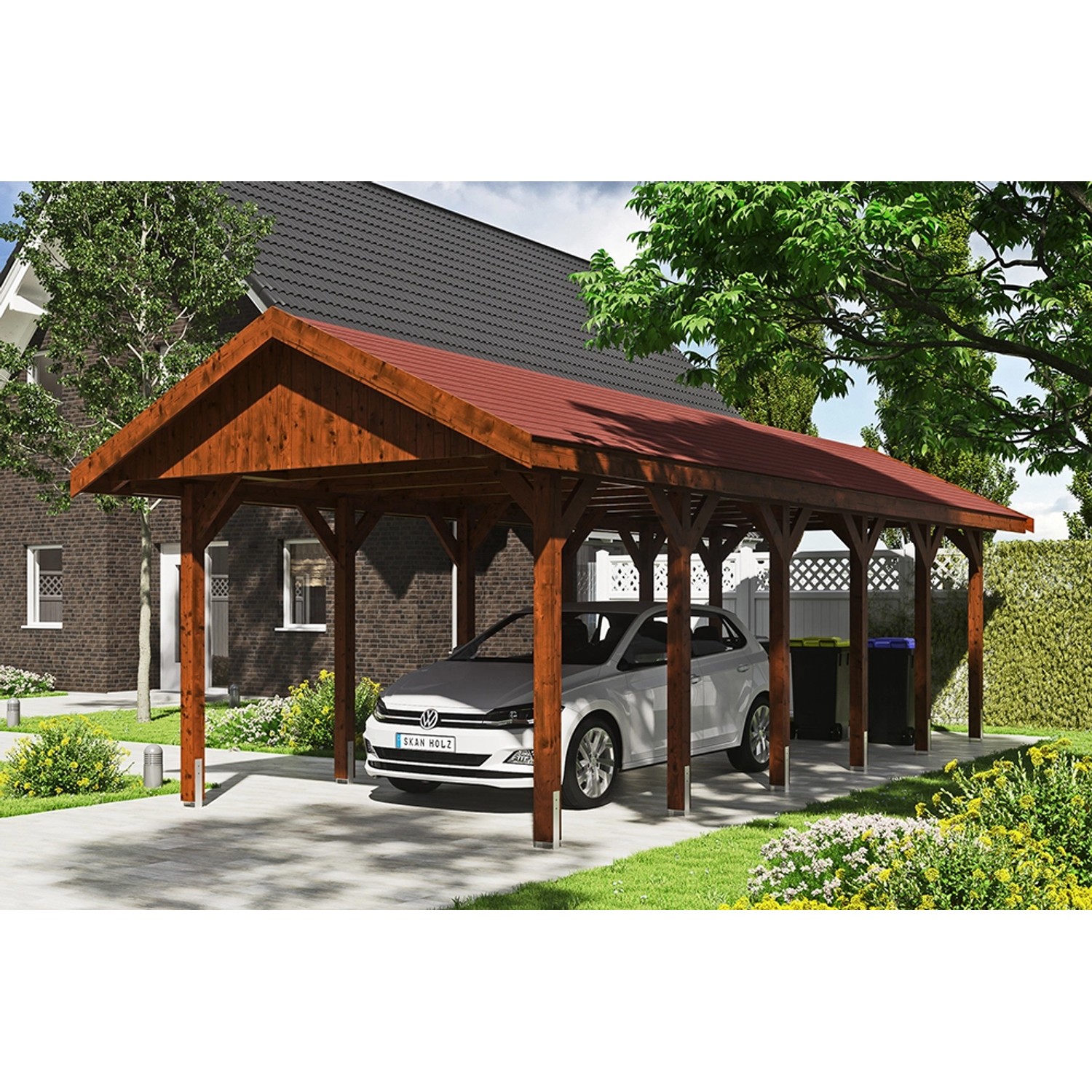 Satteldach-Carport Wallgau Nussbaum 380 x 900 cm rote Schindeln Satteldach-Carport Wallgau Nussbaum 380 x 900 cm rote Schindeln von Skan Holz