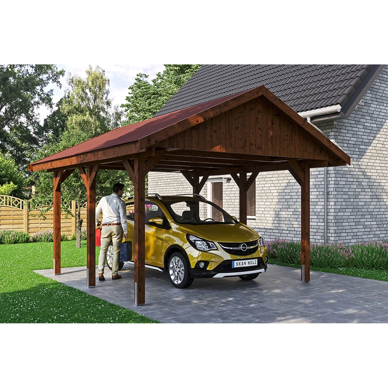 Satteldach-Carport Wallgau Nussbaum 430 x 500 cm rote Schindeln Satteldach-Carport Wallgau Nussbaum 430 x 500 cm rote Schindeln von Skan Holz