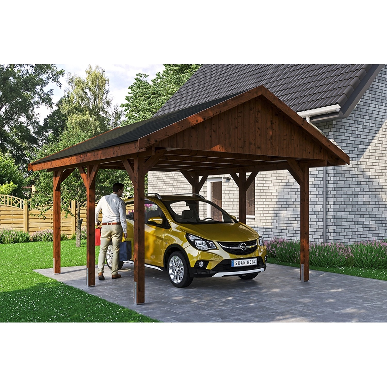 Satteldach-Carport Wallgau Nussbaum 430 x 500 cm schwarze Schindeln von Skan Holz