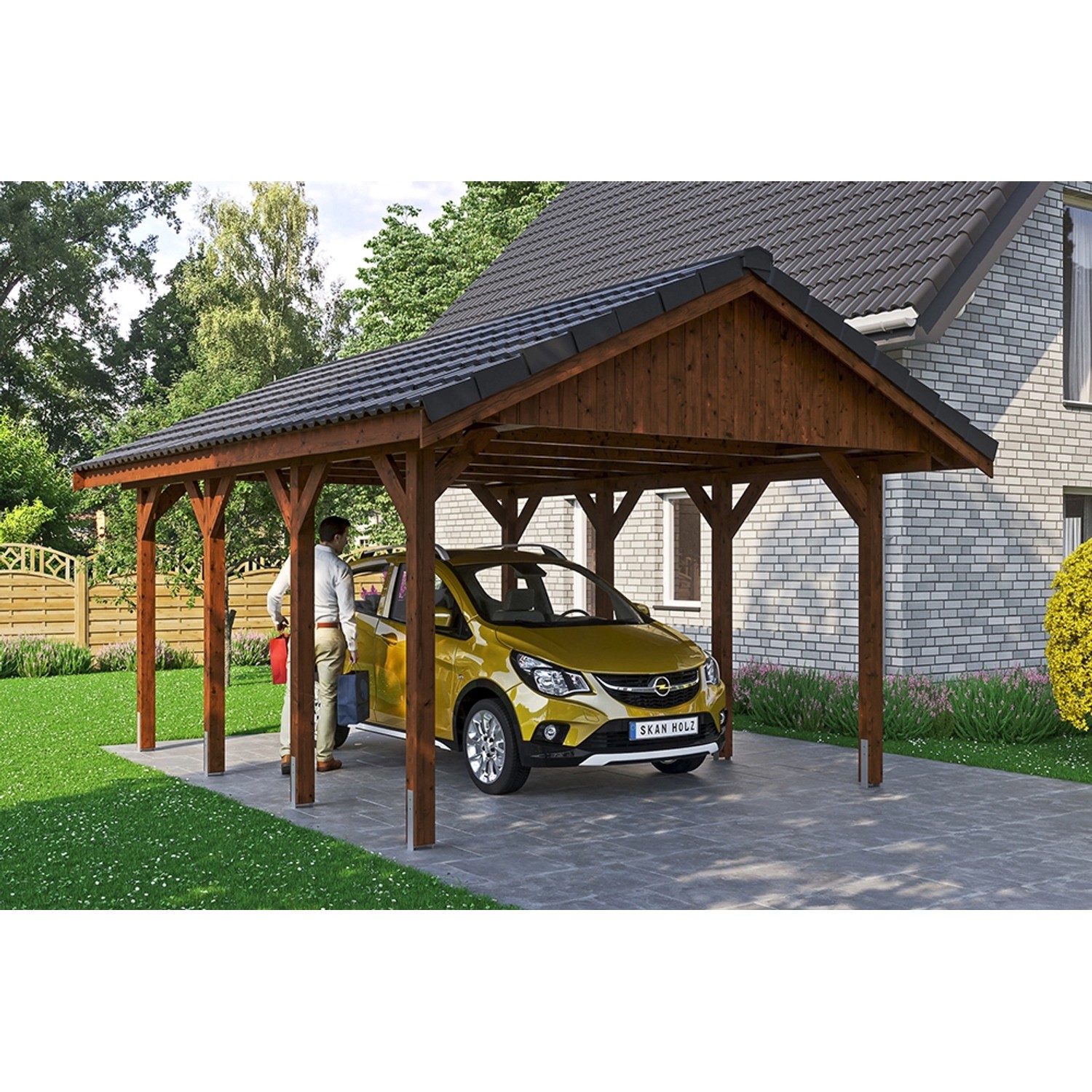 Satteldach-Carport Wallgau Nussbaum 430 x 600 cm Dachlattung von Skan Holz