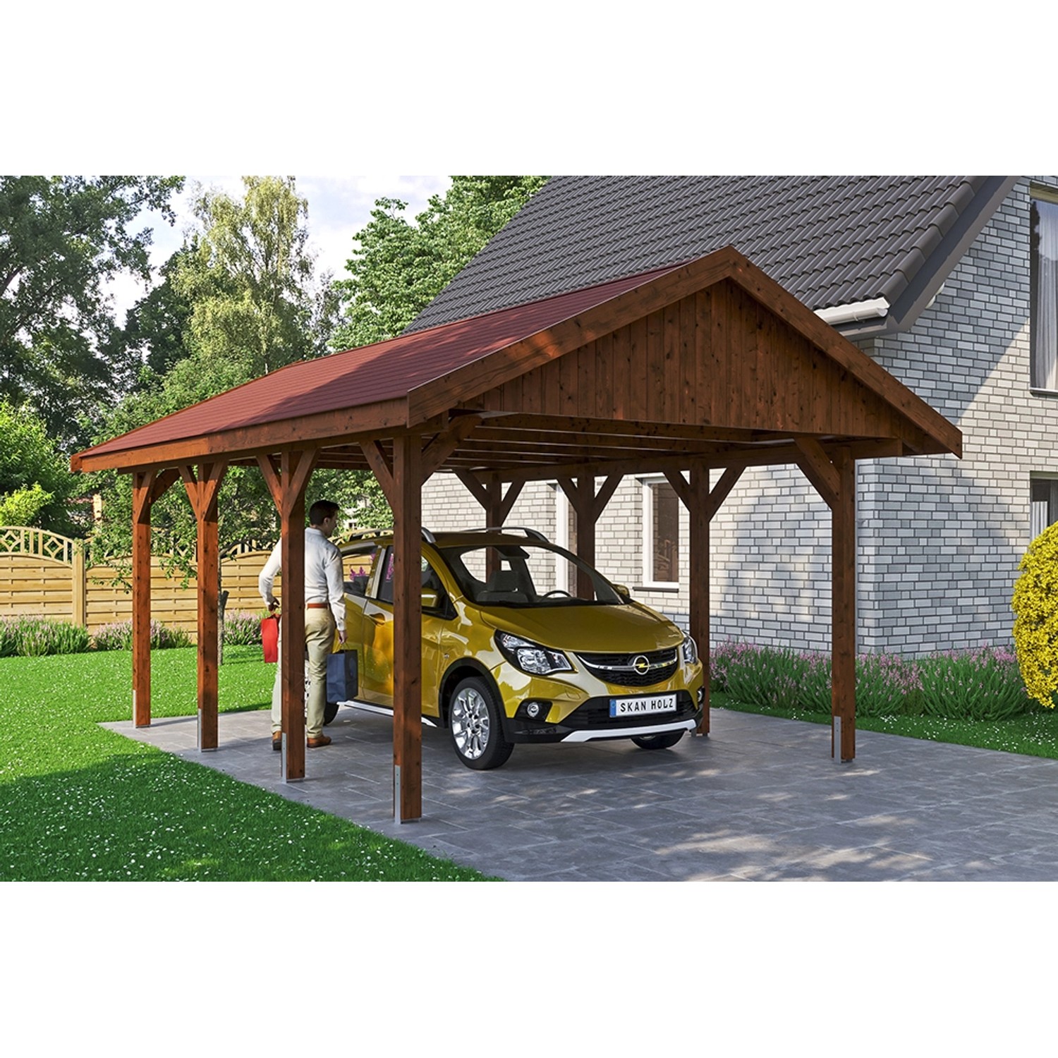 Satteldach-Carport Wallgau Nussbaum 430 x 600 cm rote Schindeln von Skan Holz