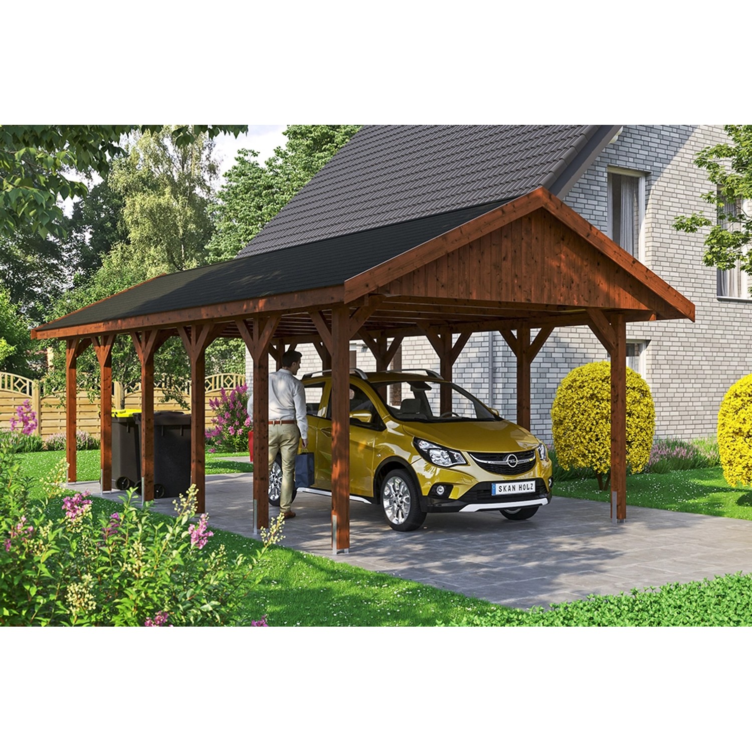 Satteldach-Carport Wallgau Nussbaum 430 x 900 cm schwarze Schindeln von Skan Holz