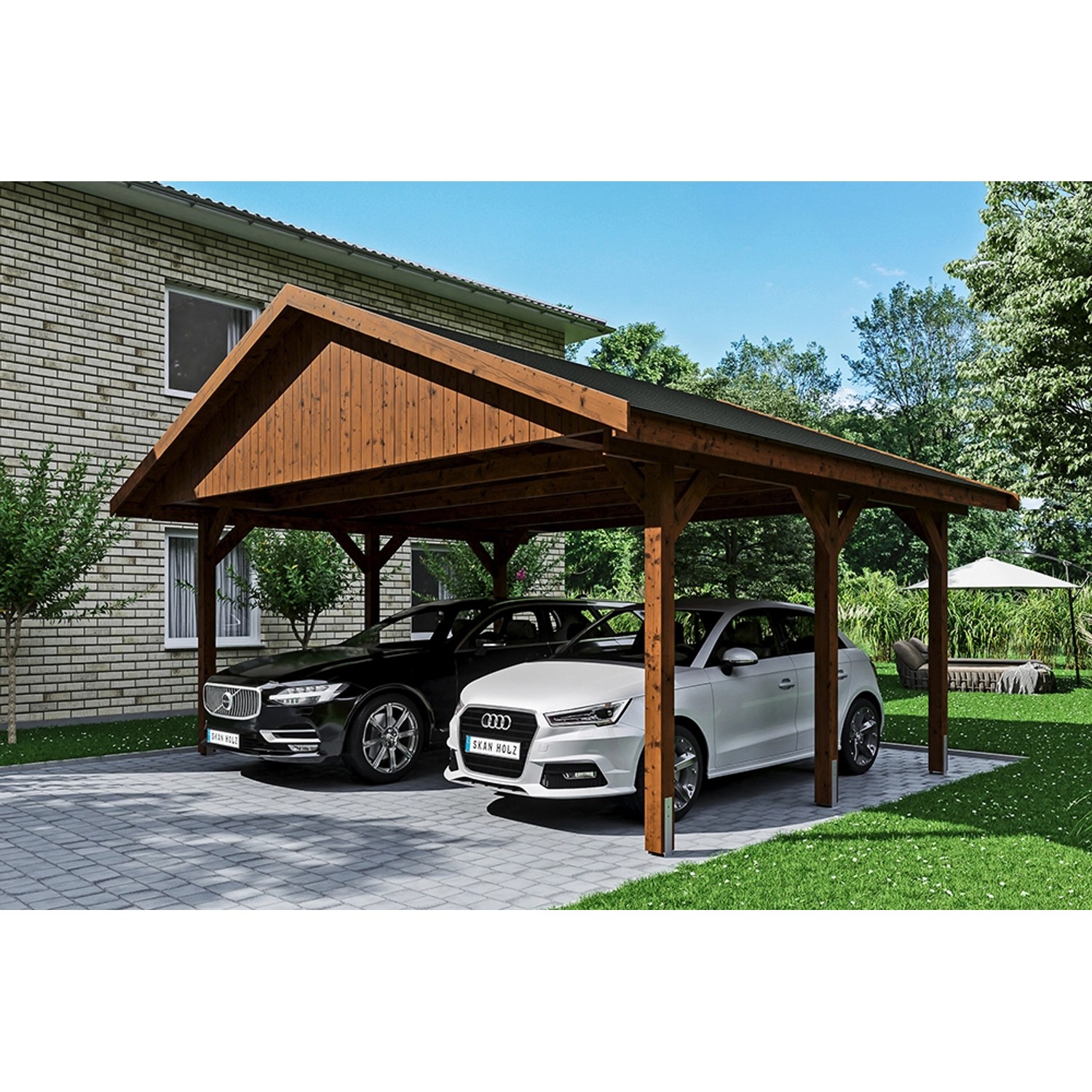 Satteldach-Carport Wallgau Nussbaum 620 x 500 cm schwarze Schindeln Satteldach-Carport Wallgau Nussbaum 620 x 500 cm schwarze Schindeln von Skan Holz