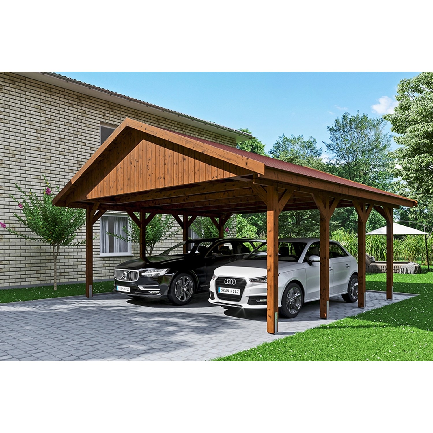 Satteldach-Carport Wallgau Nussbaum 620 x 600 cm rote Schindeln Satteldach-Carport Wallgau Nussbaum 620 x 600 cm rote Schindeln von Skan Holz