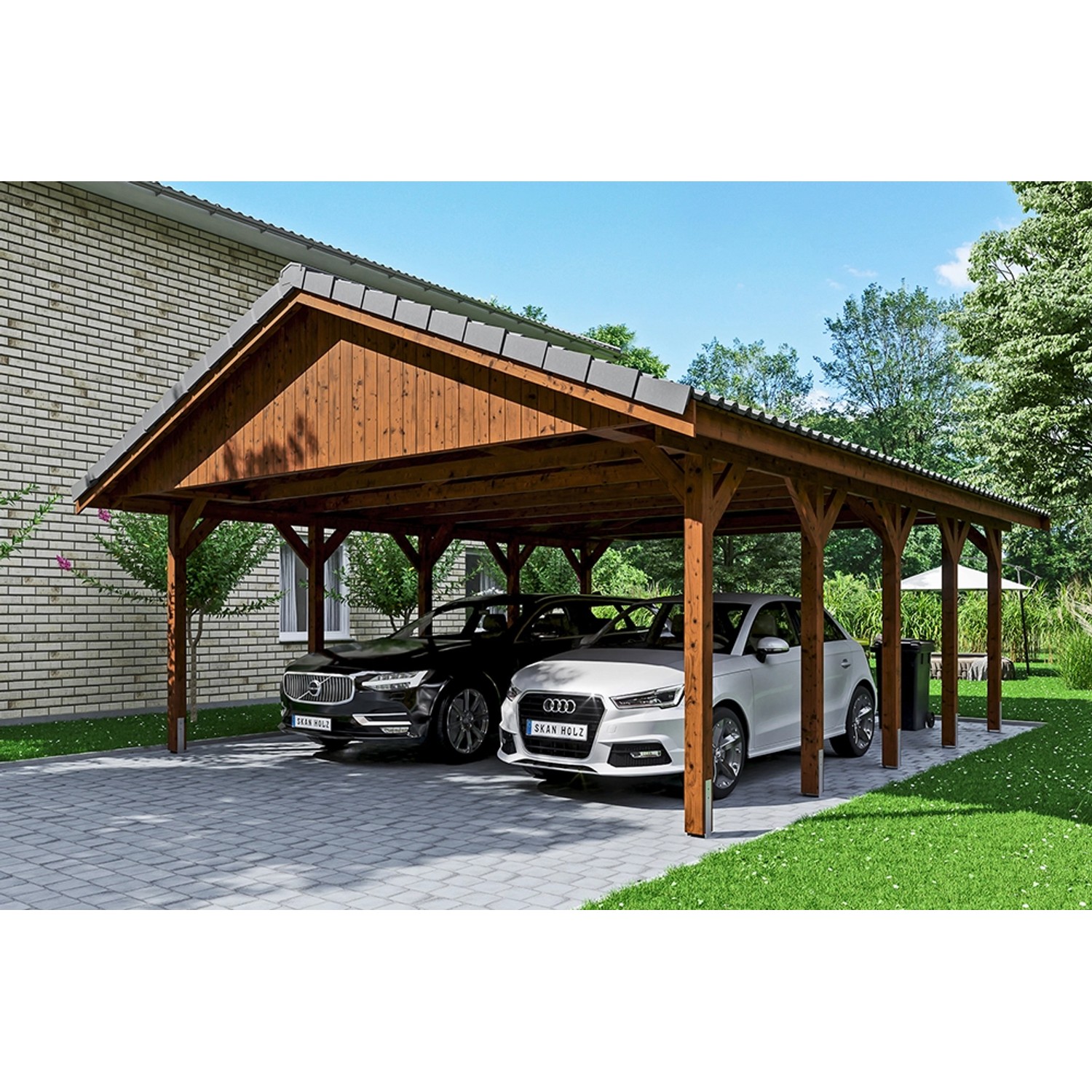 Satteldach-Carport Wallgau Nussbaum 620 x 750 cm Dachlattung von Skan Holz
