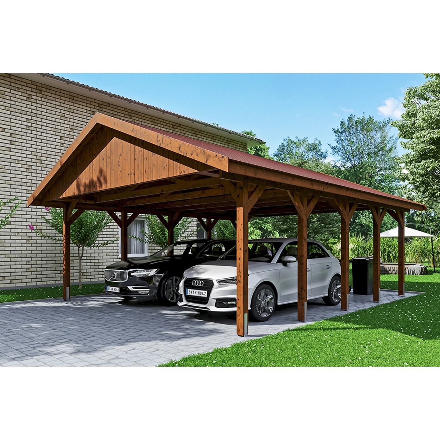 Satteldach-Carport Wallgau Nussbaum 620 x 750 cm rote Schindeln von Skan Holz