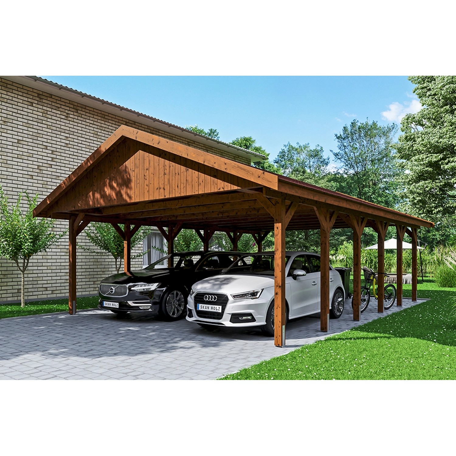 Satteldach-Carport Wallgau Nussbaum 620 x 900 cm rote Schindeln von Skan Holz