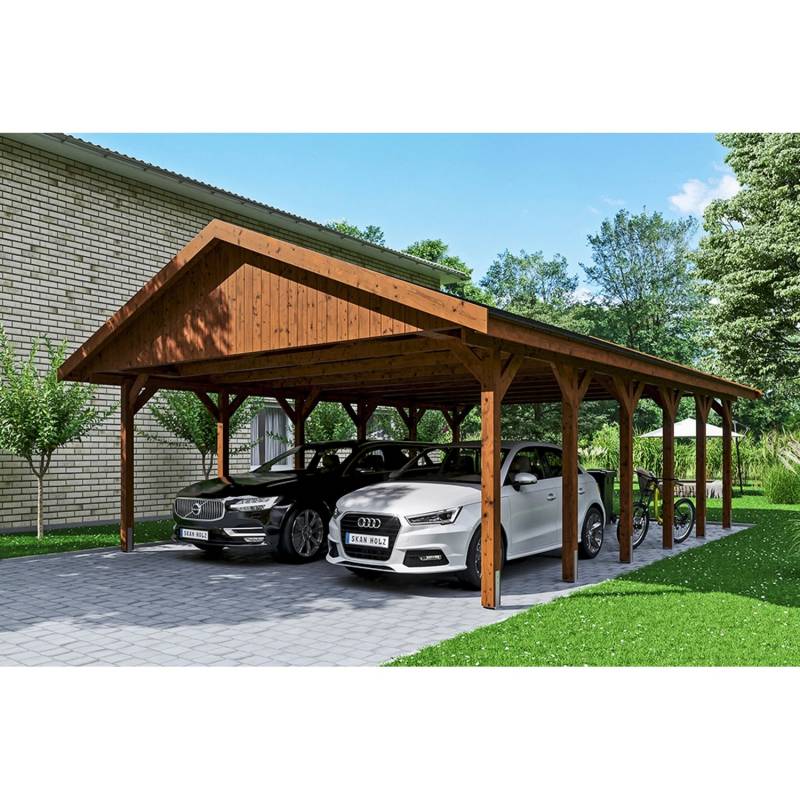 Satteldach-Carport Wallgau Nussbaum 620 x 900 cm schwarze Schindeln von Skan Holz