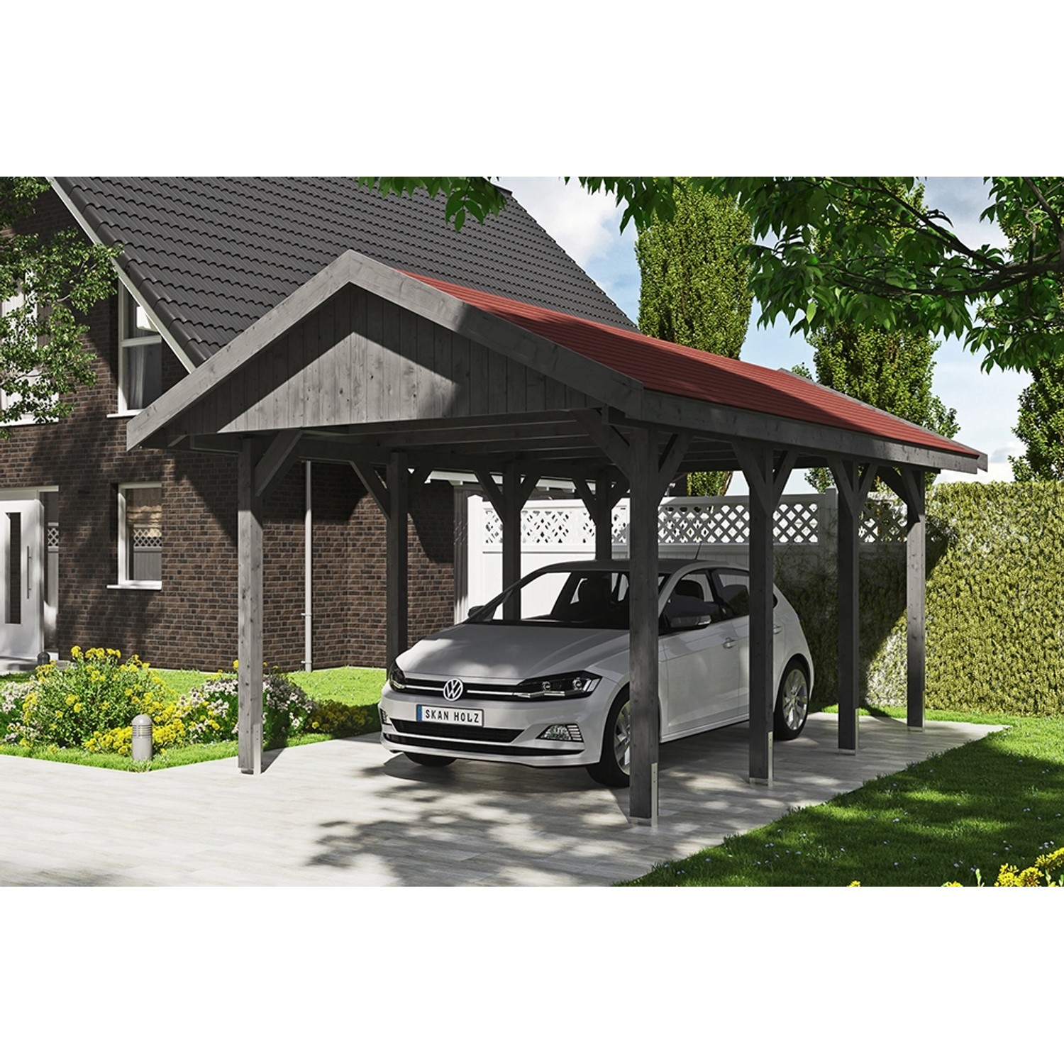 Satteldach-Carport Wallgau Schiefergrau 380 x 600 cm rote Schindeln Satteldach-Carport Wallgau Schiefergrau 380 x 600 cm rote Schindeln von Skan Holz