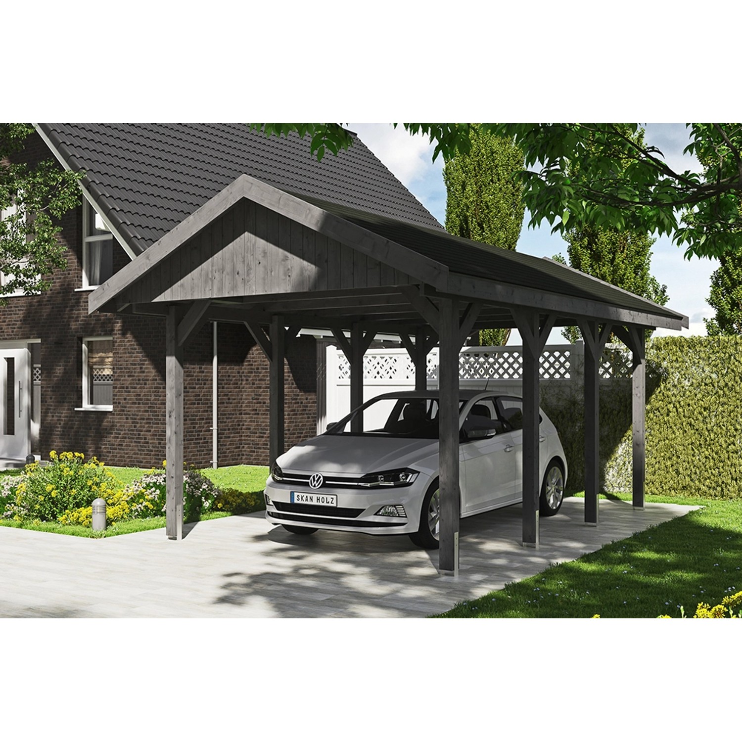 Satteldach-Carport Wallgau Schiefergrau 380 x 600 cm schwarze Schindeln von Skan Holz