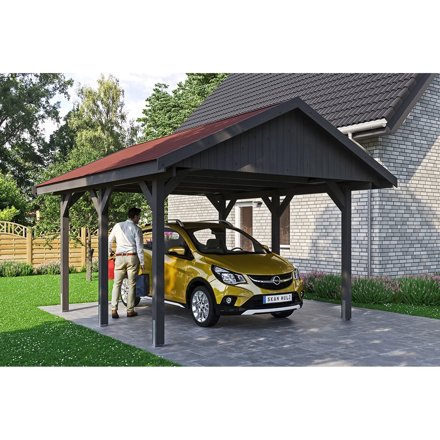 Satteldach-Carport Wallgau Schiefergrau 430 x 500 cm rote Schindeln Satteldach-Carport Wallgau Schiefergrau 430 x 500 cm rote Schindeln von Skan Holz
