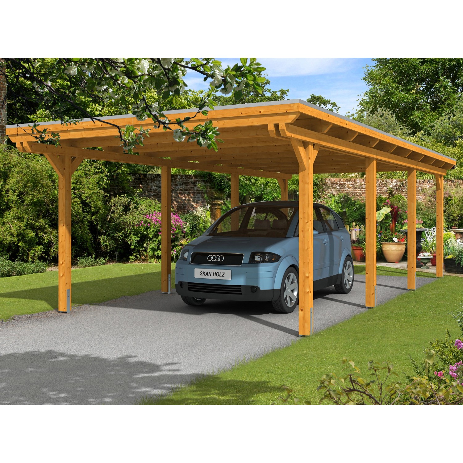 Skan Holz Einzelcarport Leimholz Eiche hell 404 cm x 846 cm Alu-Dachplatten von Skan Holz