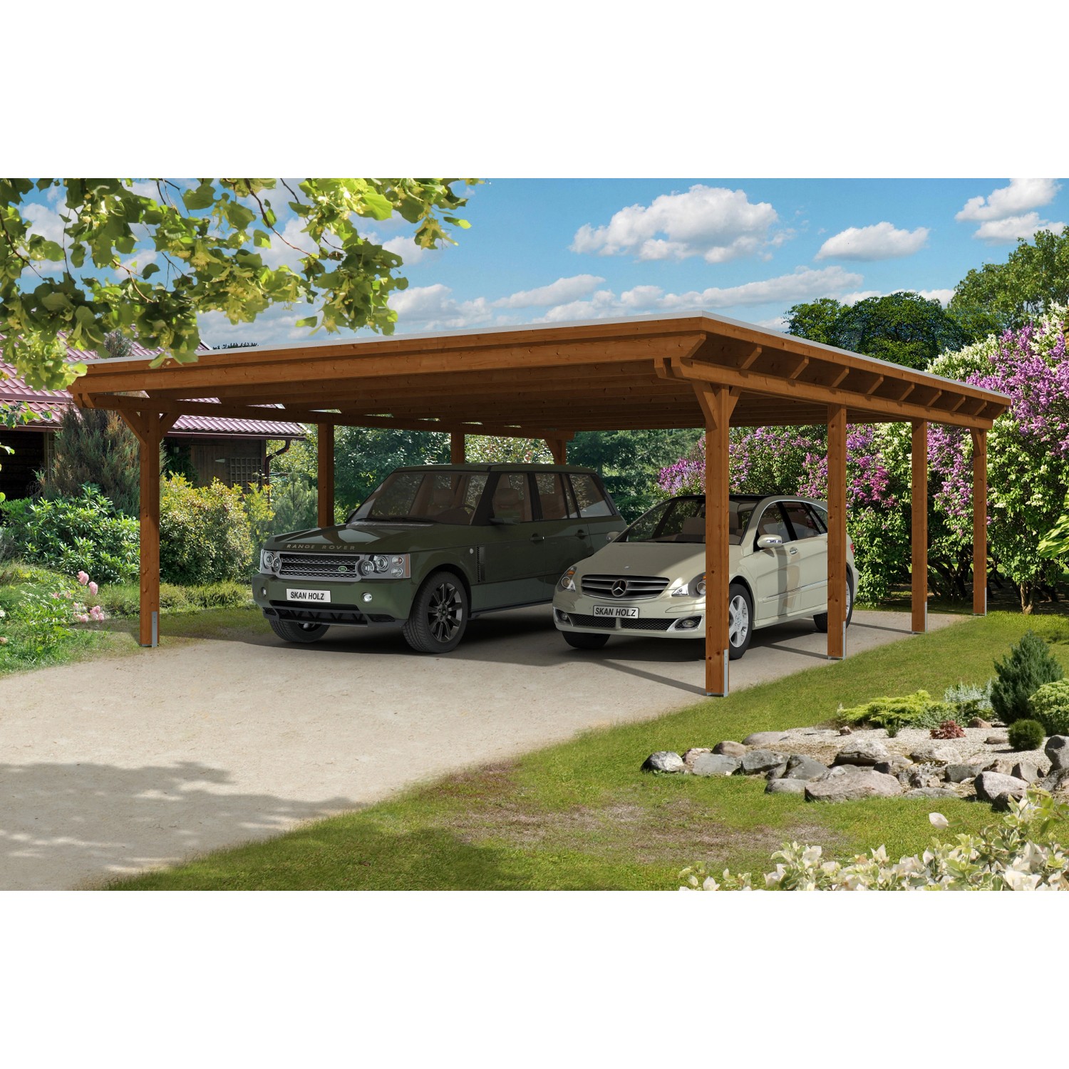 Skan Holz Carport Emsland 613 cm x 846 cm Aluminium Dachplatten Nussbaum von Skan Holz