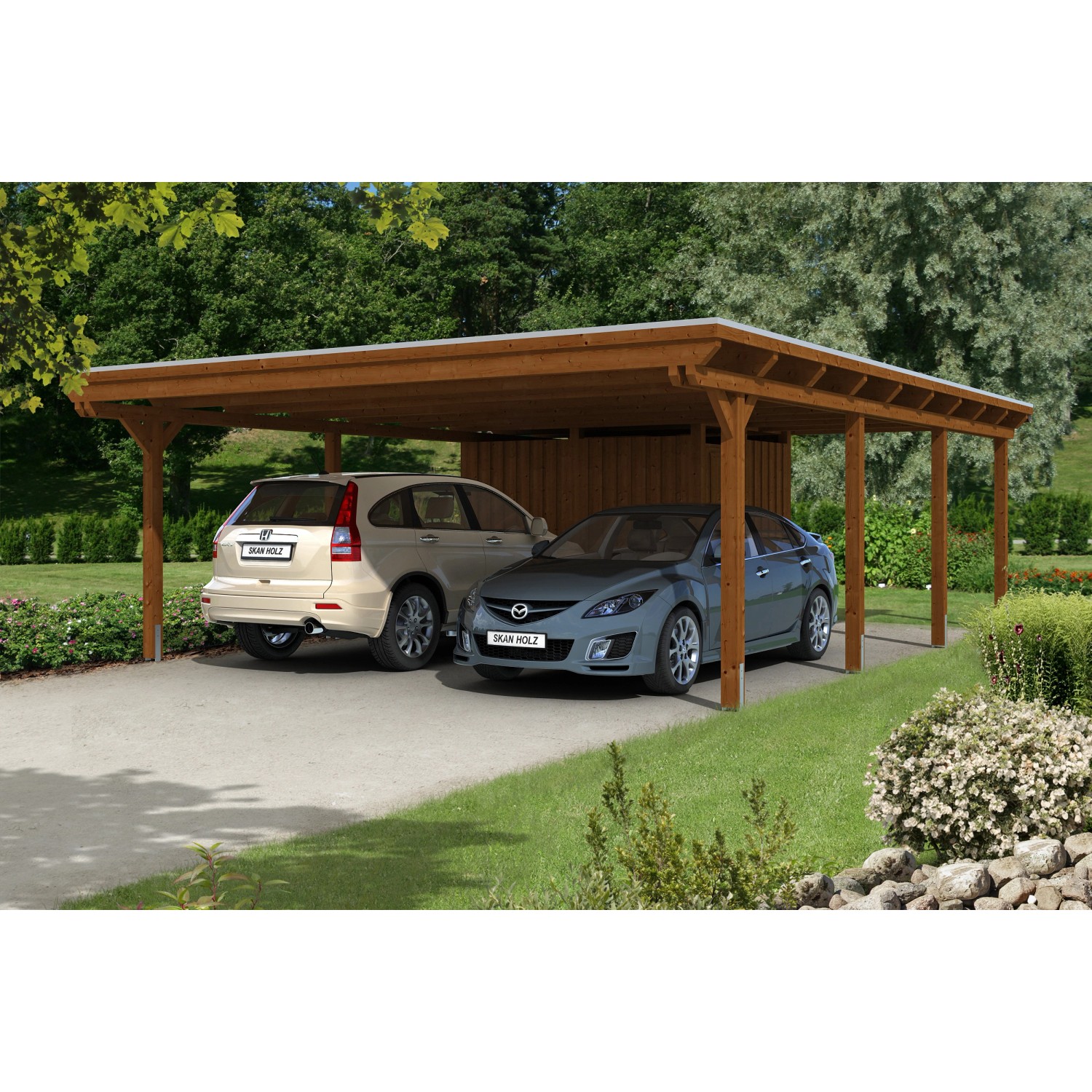 Skan Holz Carport Emsland 613 cm x 846 cm mit Abstellraum Nussbaum von Skan Holz