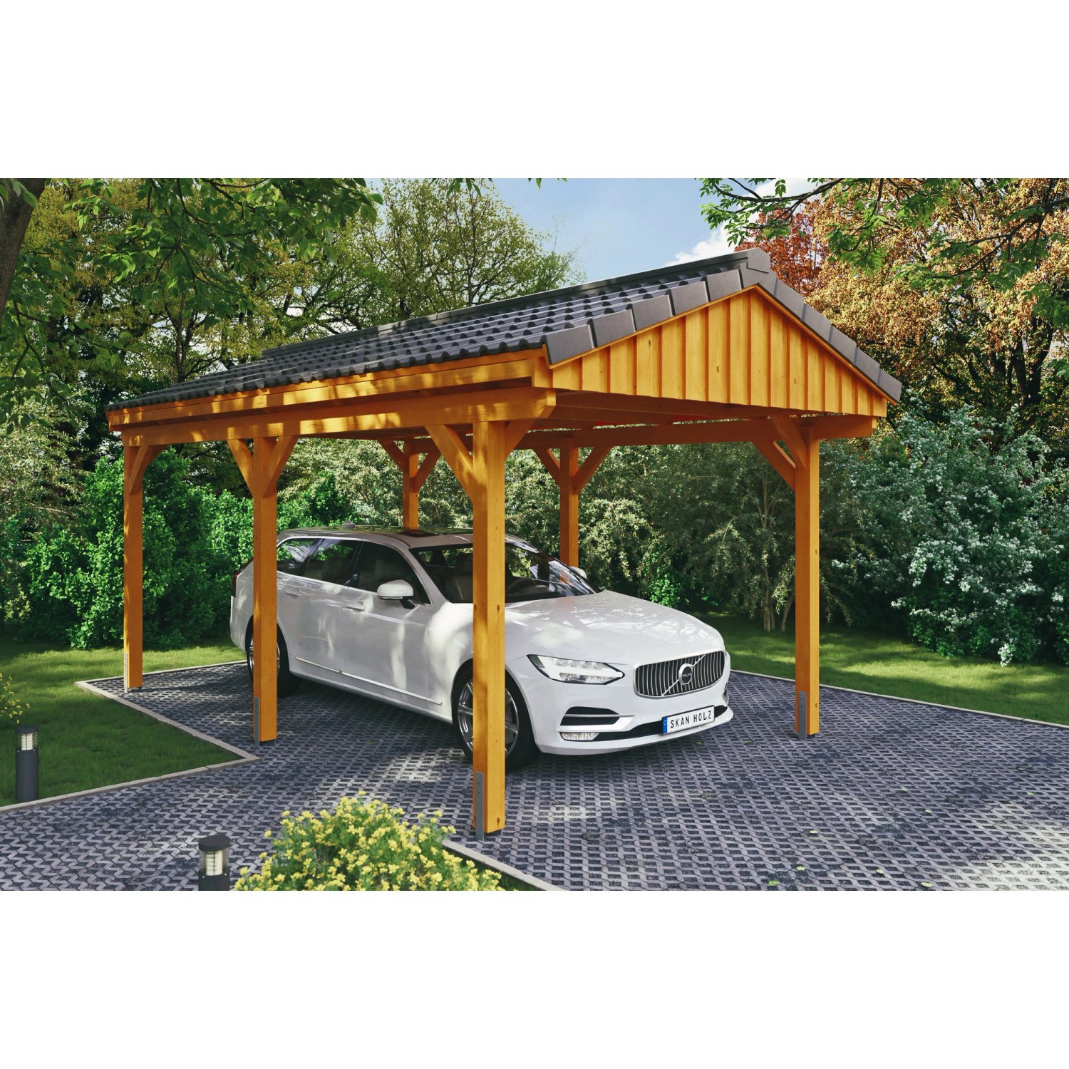 Skan Holz Carport Fichtelberg 317 cm x 566 cm Dachlattung Eiche Hell von Skan Holz