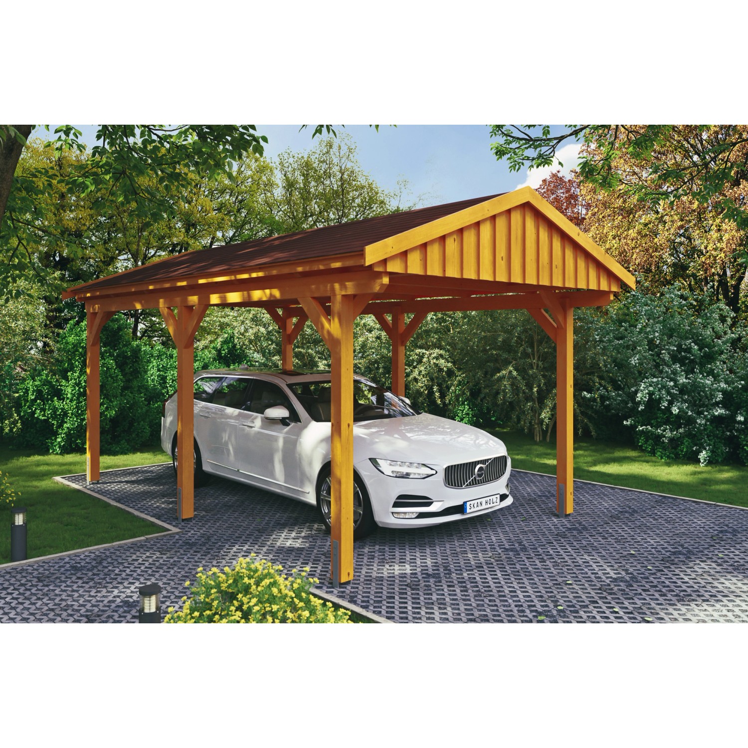 Skan Holz Carport Fichtelberg 317 cm x 566 cm Rote Schindeln Eiche Hell von Skan Holz