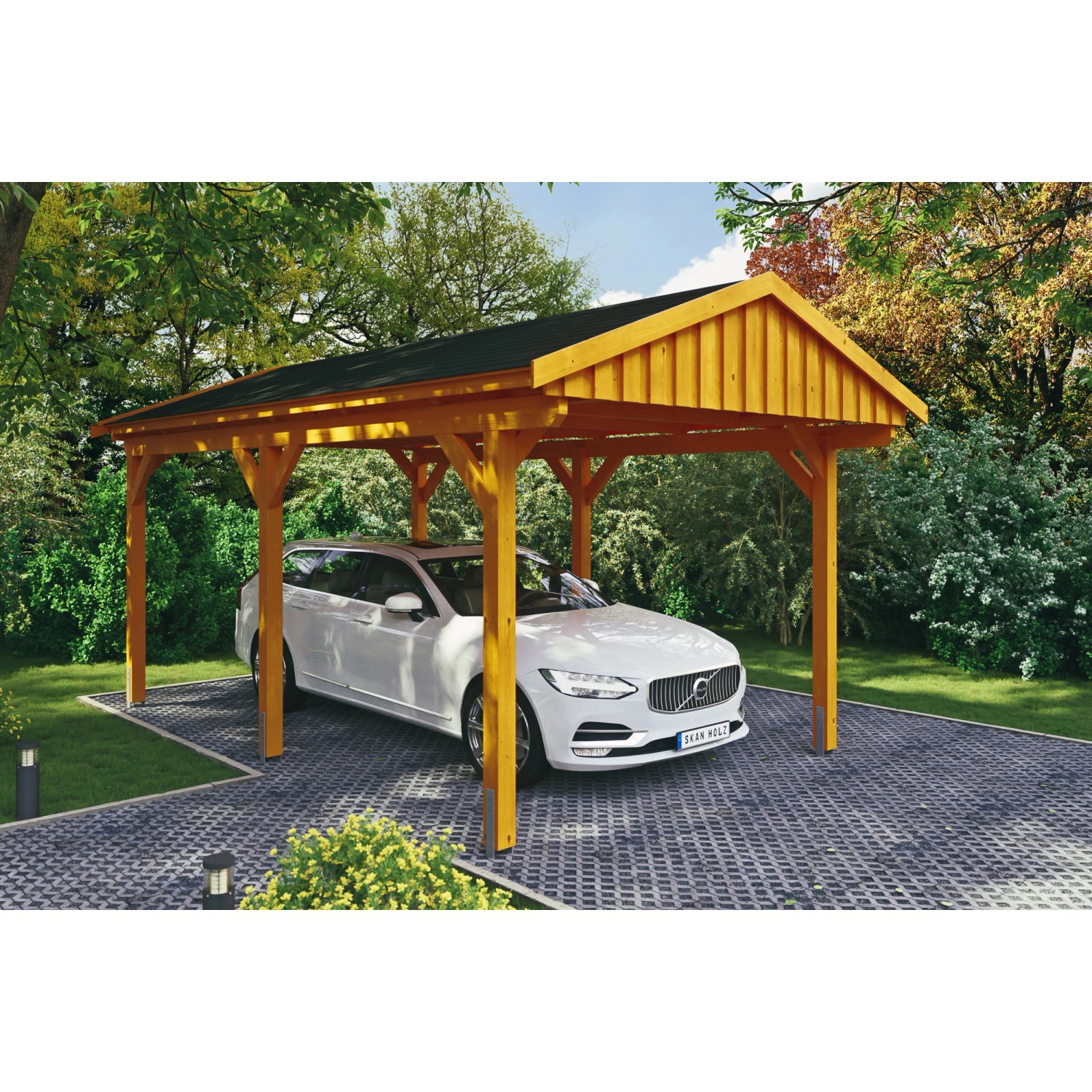 Skan Holz Carport Fichtelberg 317 cm x 566 cm Schwarze Schindeln Eiche Hell von Skan Holz