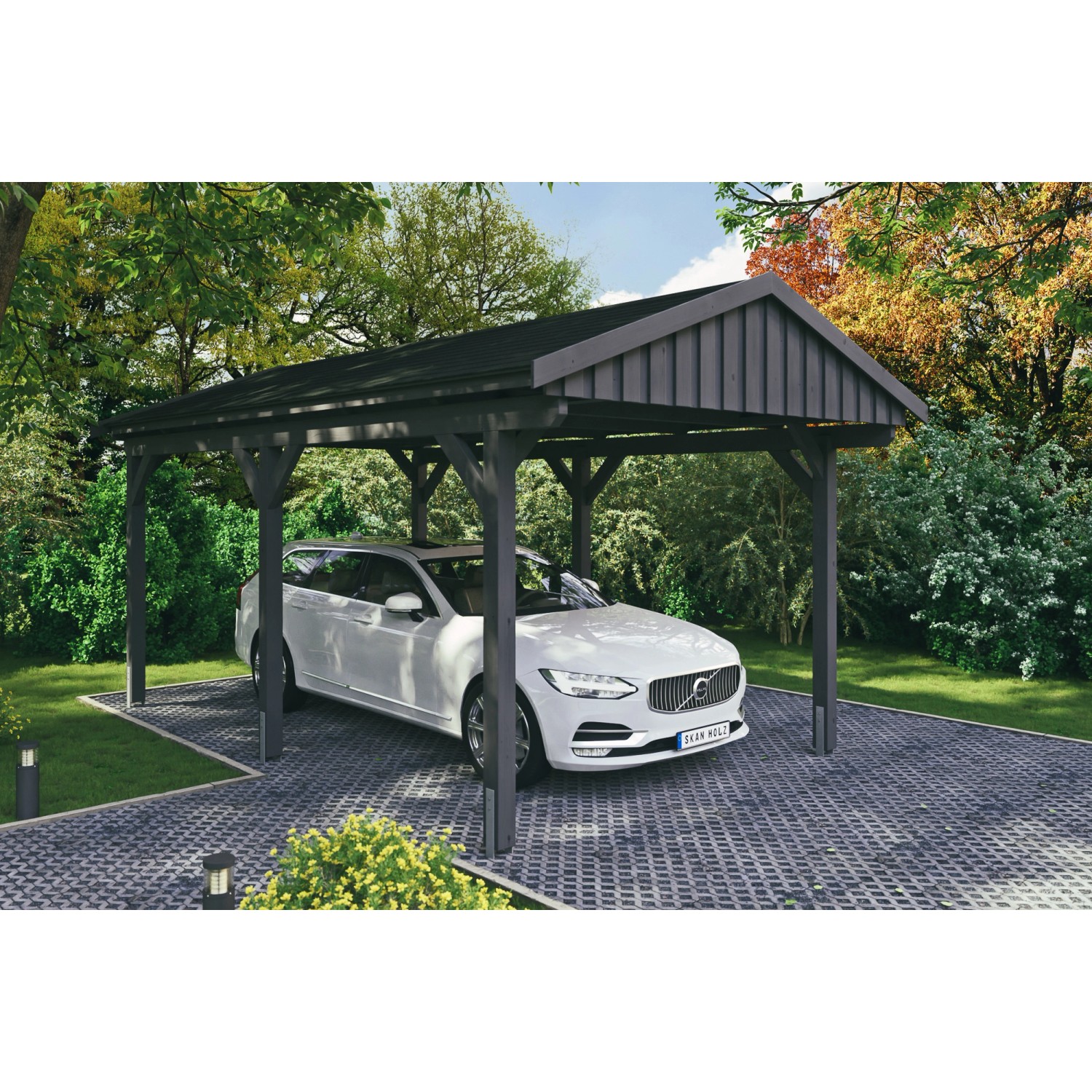 Skan Holz Carport Fichtelberg 317 cm x 566 cm Schwarze Schindeln Schiefergrau von Skan Holz