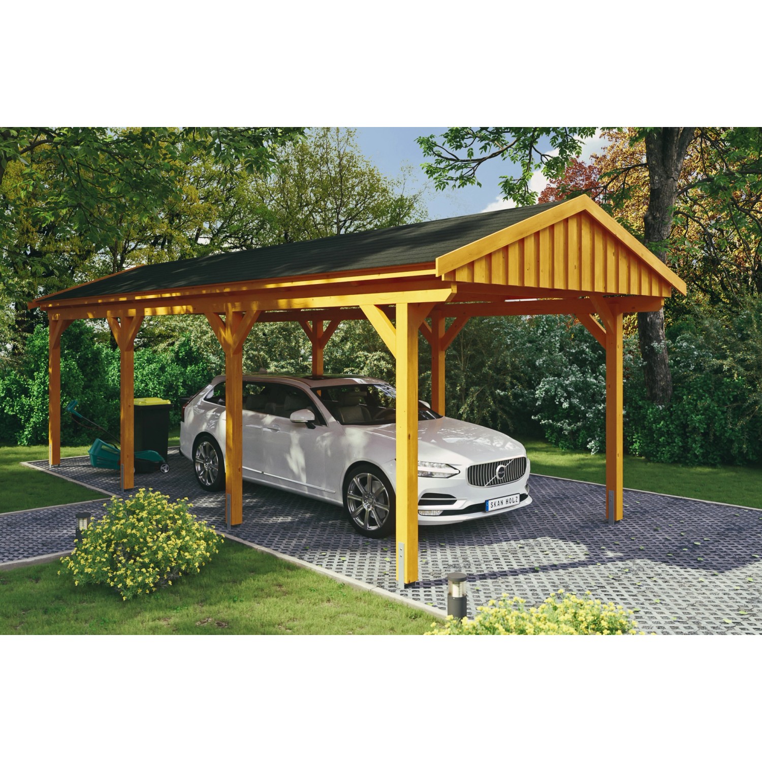 Skan Holz Carport Fichtelberg 317 cm x 808 cm Schwarze Schindeln Eiche Hell von Skan Holz